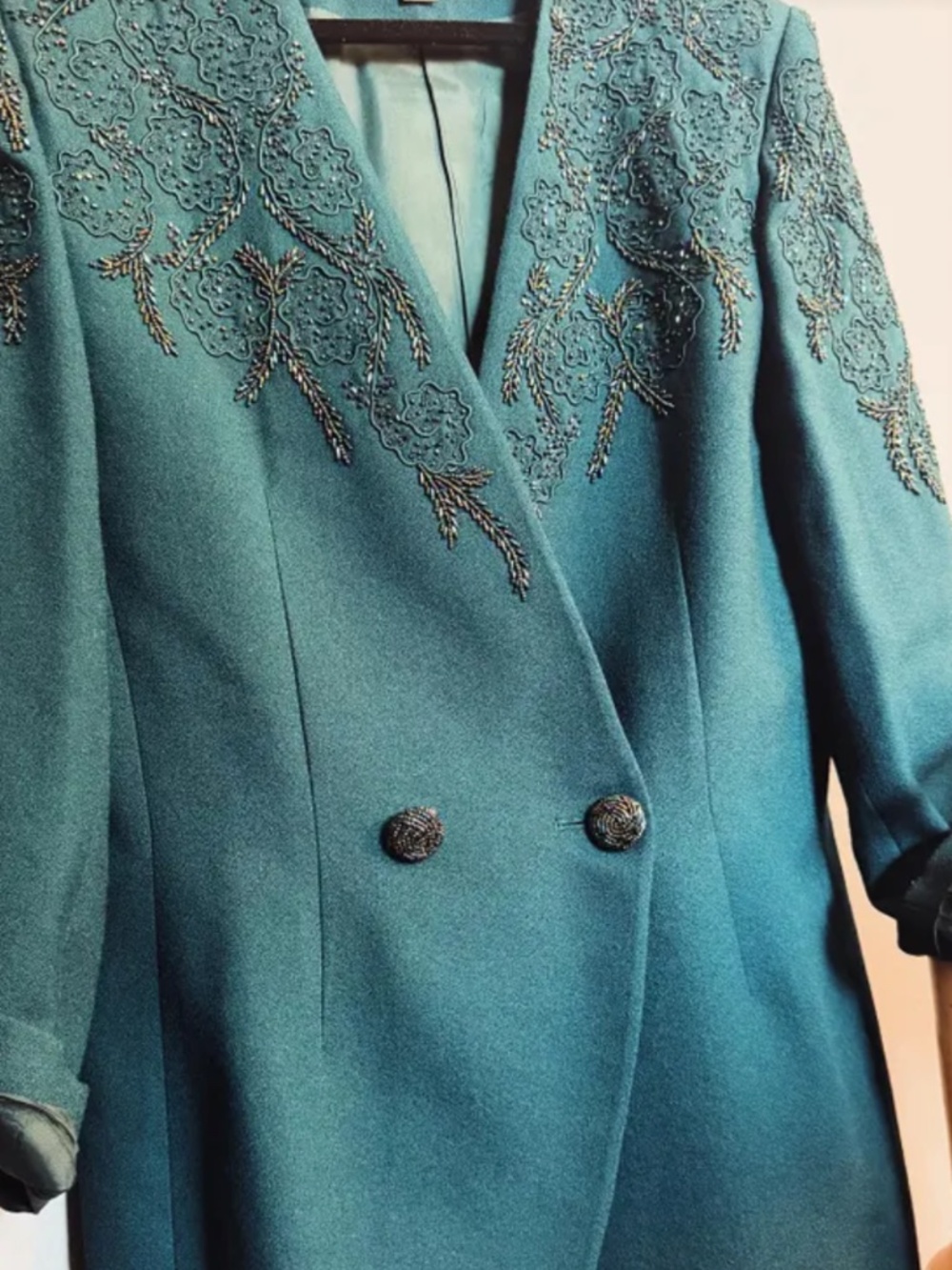 John Meyer of Norwich teal  2 pieces wool beaded evening jacket and skirt sz 16W